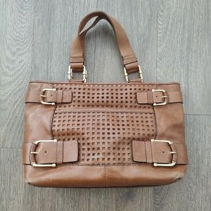 Michael Kors Tan Brown Square Laser Cut Perforated Leather Tote Bag